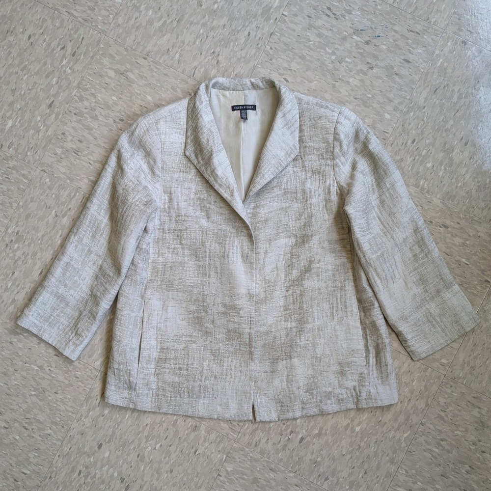 Eileen Fisher Beige Gray Textured Cotton Linen Silk Lined Blazer Jacket S